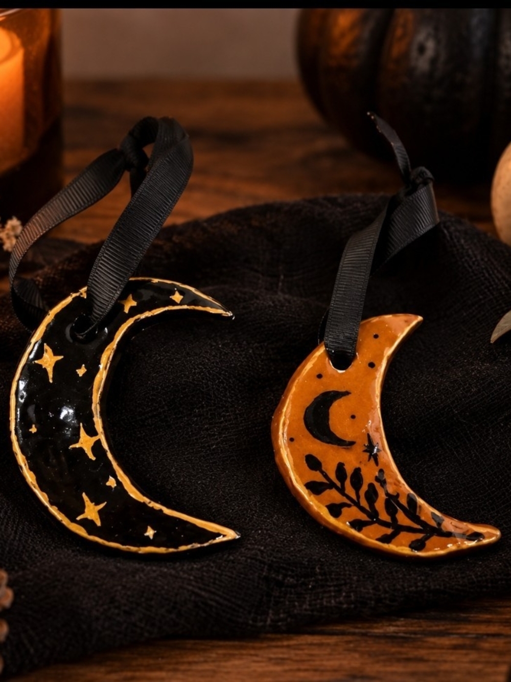 Handcrafted Black & Orange Crescent Moon Holiday Ornaments